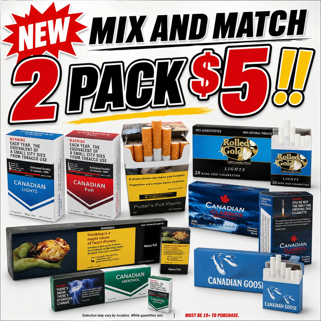 Cigarette deal at EARTHROOT CANNABIS — 2 packs for $5 mix and match, cartons $25.